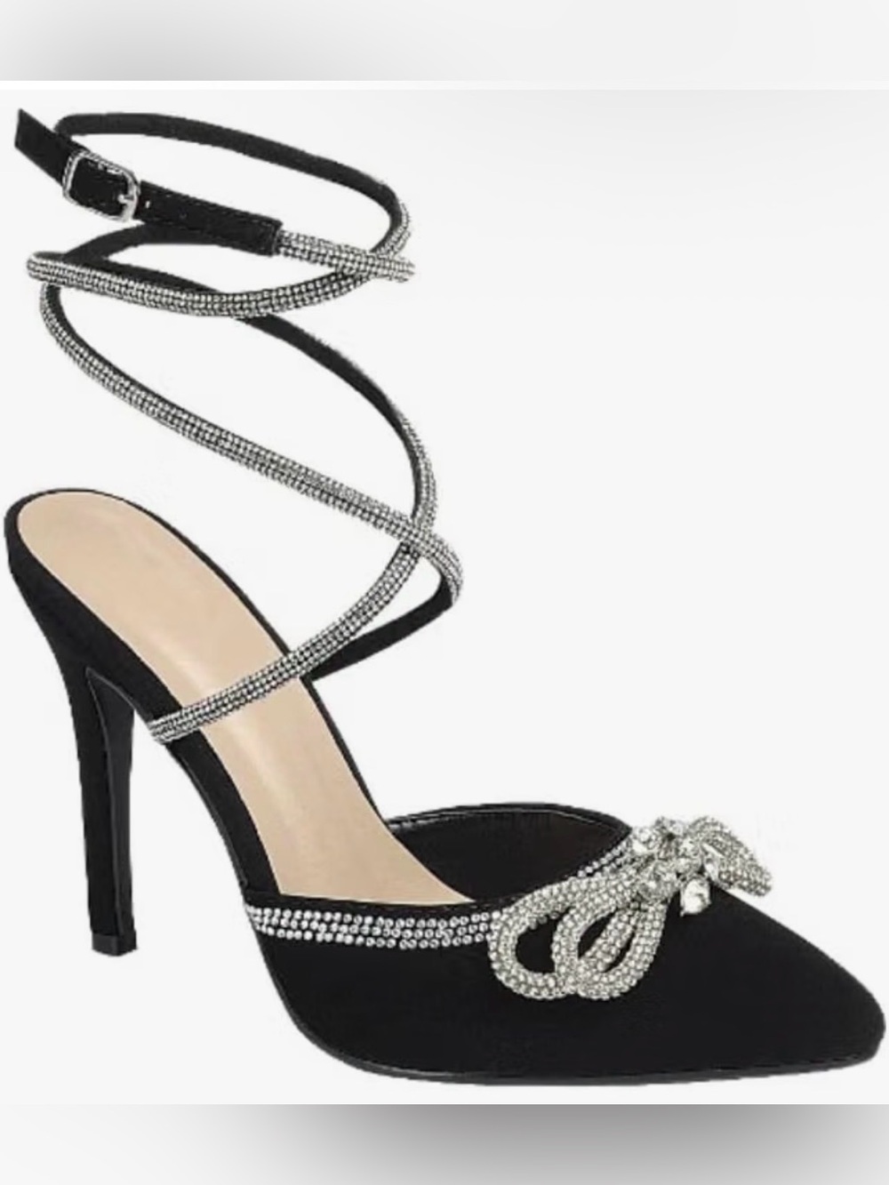 Black Crystal-Trim Ankle Wrap Pointed Toe Stiletto Heels